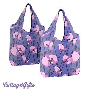2PK Large Reuseable Totes Grocery Bags Purple & Pink Floral orchids